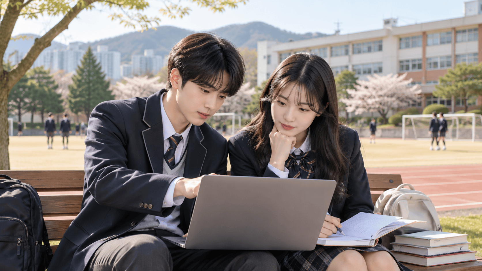 고등학생 직업 적성검사를 준비하는 동아시아 남여학생이 학교 운동장 의자에서 노트북으로 진로 탐색 모습