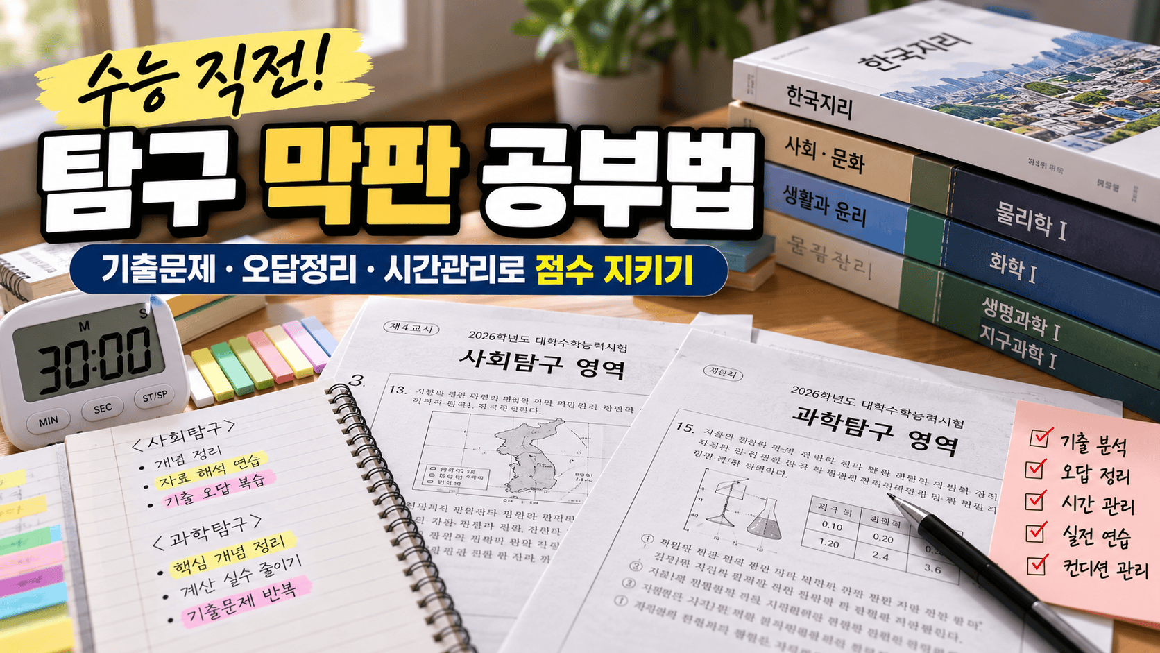 수능 탐구 막판 공부법을 위한 사회탐구·과학탐구 기출문제, 오답노트 및 30분 시간 관리 학습 자료