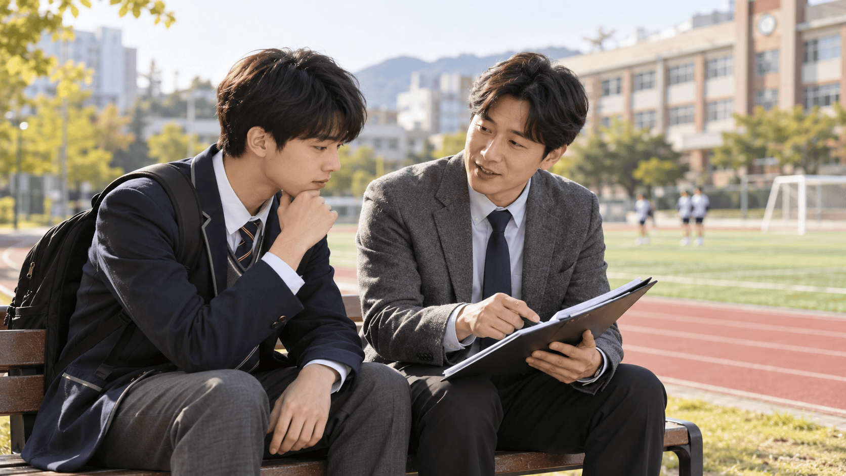 고등학생 진로 고민 해결을 위해 좋아하는 일과 잘하는 일을 비교하며 선생님과 진로 상담을 진행하는 모습