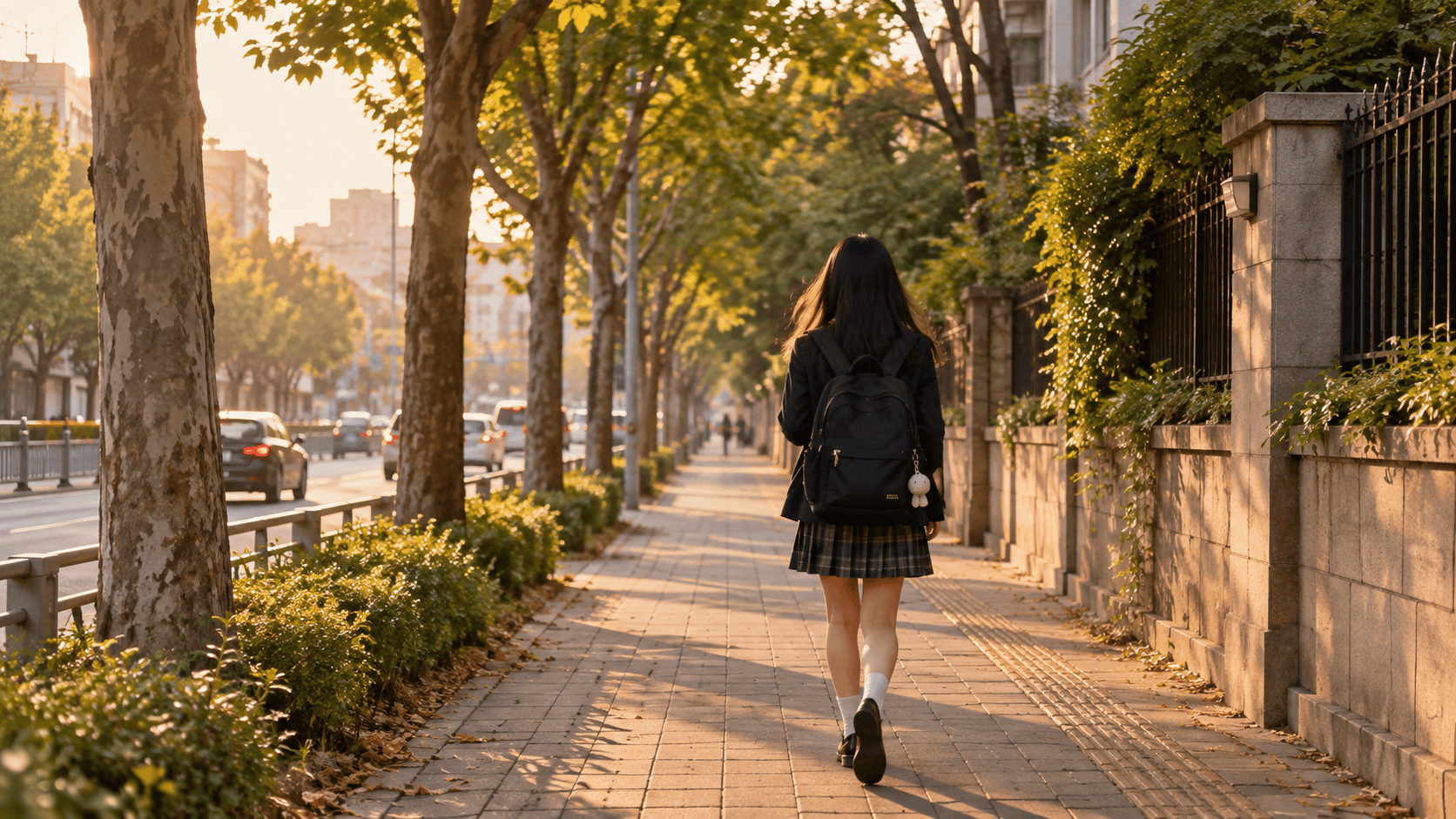 고등학생이 학교 가방을 메고 하교 하는 뒷 모습